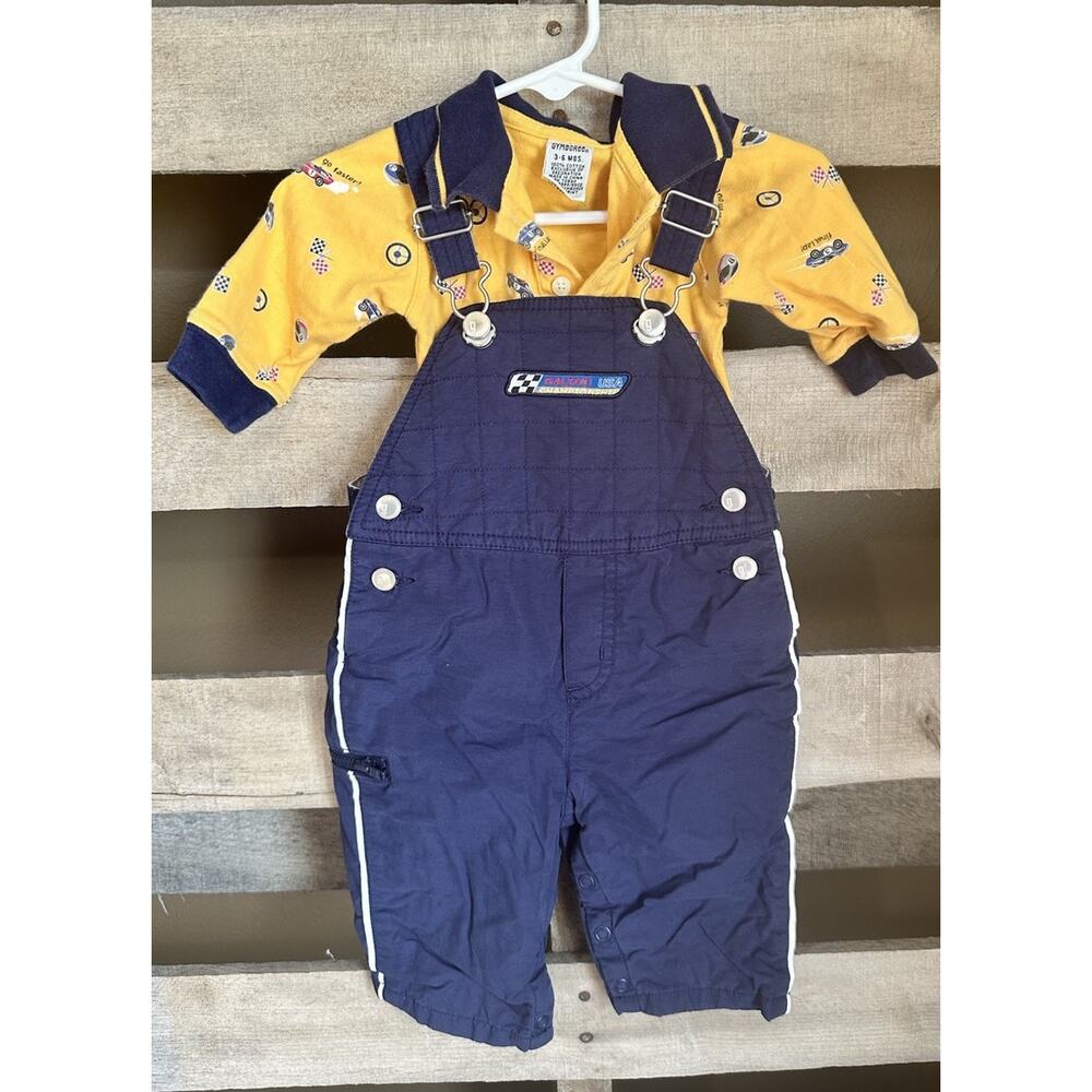 Gymboree Lined Bib Overalls 2 Piece Set Size 3-6 Months Race Car Dated 2002